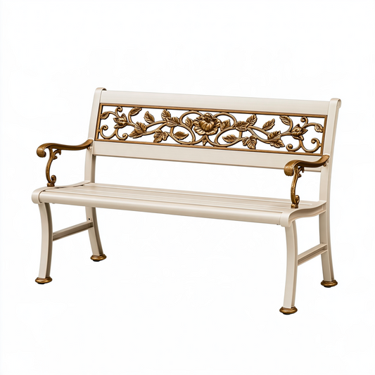 Banc de jardin 120 x 60 x 90 cm en métal blanc et doré à motifs floraux classique